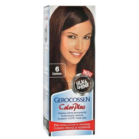 Vopsea de par Silk&Shine 6 Castaniu - Color Plus 50ml + Pliculet cu masca pentru par uscat si deshidratat Argan Line 15 ml