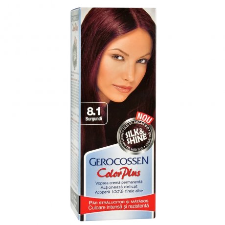 Vopsea de par Silk&Shine 8.1 Burgundi - Color Plus 50ml + Pliculet cu masca pentru par uscat si deshidratat Argan Line 15 ml