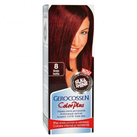 Vopsea de par Silk&Shine 8 Acaju Inchis - Color Plus 50ml + Pliculet cu masca pentru par uscat si deshidratat Argan Line 15 ml
