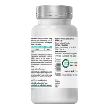Zinc Bisglicinat (chelat) 25 mg biodisponibilitate ridicata